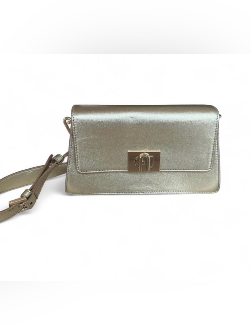 Furla Genuine Leather Metallic Gold Crossbody Clutch - Designer Style